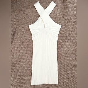 MISS LOLA RIBBED CRISS CROSS HALTER NECK DRESS - SIZE SMALL